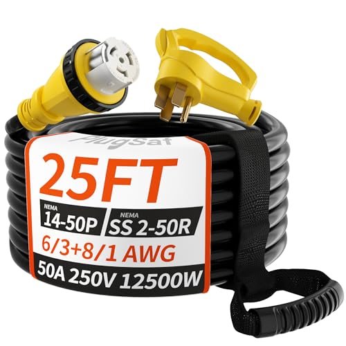 PlugSaf 50 Amp Generator Cord, 25FT 50 Amp RV Extension Cord with Twist Lock, Generator Cable 50A 4 Prong Yellow, NEMA 14-50P/SS2-50R Heavy Duty 6/3+8/1 AWG STW Wire for RV Camper & House