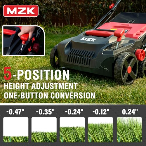 MZK 15-inch 13-Amp 2-in-1 Electric Dethatcher and Scarifier w/Removeable 5-Position Height Adjustment,Lawn dethatcher w/12-Gallon Thatch Collection Bag,Keep Lawn Health