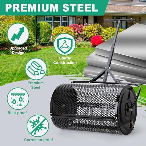 Raxjult Compost Spreader 24 Inch Roller Lawn Spreader with T Shaped Handle for Planting Seeding Durable Metal Mesh Spreader for Lawn and Garden Care Manure Spreaders Roller Patented