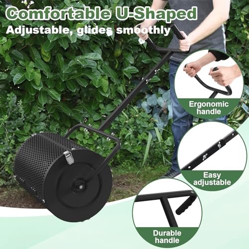Compost Spreader, 18 Inch Roller Peat Moss Lawn Spreader with U Shaped Handle,Heavy Duty Top Soil Fertilizer Spreading Tool for Planting Seeding Lawn Garden Care, Light Weight Metal Mesh Manure Roller