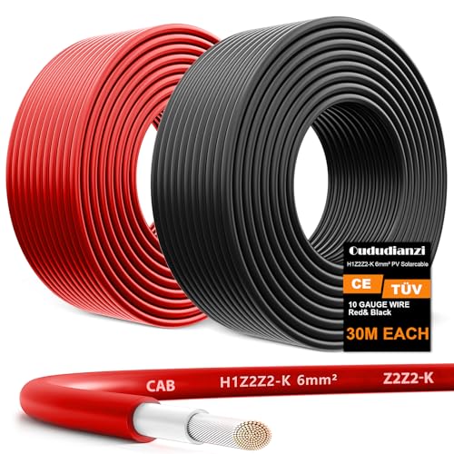 Oududianzi 2x100 Feet Solar Panel Wire, 10AWG Tinned Copper Solar Extension Cable for Photovoltaic Systems, Automotive RVs, Boats (100FT Red + 100FT Black)