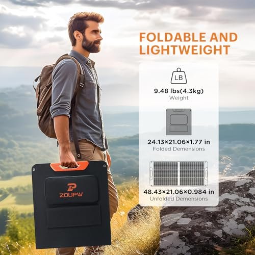 ZOUPW 100W Portable Solar Panel, 100 watt 20V Monocrystalline Foldable Solar Charger for Power Station,QC3.0 USB-A &Type-C Output,23.5% High Efficiency IP67 Waterproof for Camping RV Blackout