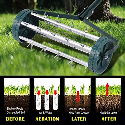 Goplus Rolling Lawn Aerator, 18-Inch Garden Yard Rotary Push Tine Heavy Duty Spike Soil Aeration, Manual Lawn Aeration Tool w/ 41-Inch Handle (Silver)