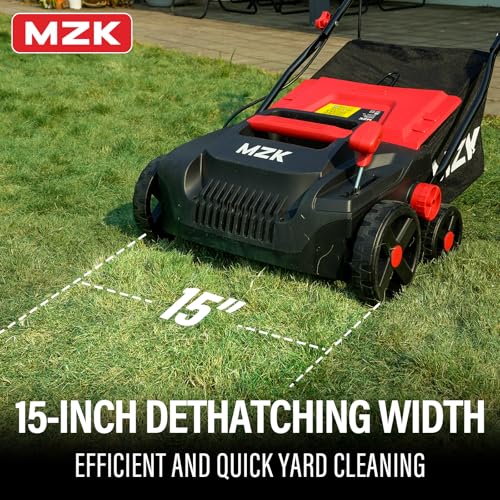MZK 15-inch 13-Amp 2-in-1 Electric Dethatcher and Scarifier w/Removeable 5-Position Height Adjustment,Lawn dethatcher w/12-Gallon Thatch Collection Bag,Keep Lawn Health