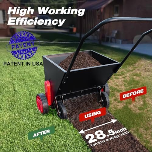 Suchtale Upgrade Lawn Drop Spreader, Topdresser, Compost Spreader, Mini Topper, Peat Moss Top Dresser, Push-Type Fertilizer with Rotate Blades, Adjustable-Rate Push Garden Seeder, Metal Mesh Basket
