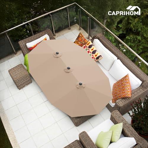 Caprihom 15ft Patio Umbrella with Base Included, Double Sided Outdoor Large Rectangular Patio Umbrella with Crank Handle, for Lawn Garden, Khaki