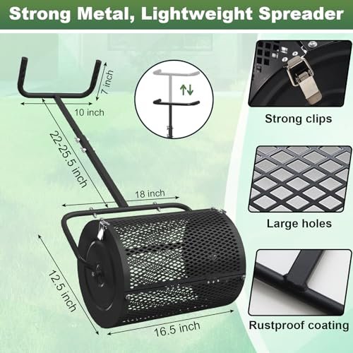 Compost Spreader, 18 Inch Roller Peat Moss Lawn Spreader with U Shaped Handle,Heavy Duty Top Soil Fertilizer Spreading Tool for Planting Seeding Lawn Garden Care, Light Weight Metal Mesh Manure Roller