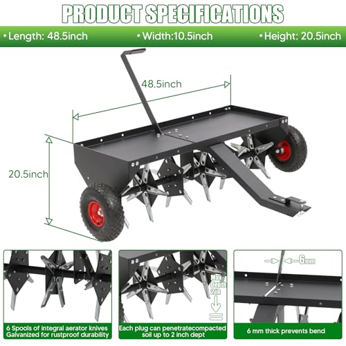 Doniks 48-Inch Tow Behind Plug Aerator with Transport Wheels, Lawn Aerator Tow Behind with 30 Galvanised Steel Tines, Pull Behind Aerator for Gardens, Lawns, Farms