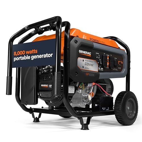 Generac 8,000-Watt Gas-Powered Portable Generator - Electric Start with COsense - PowerRush Advanced Technology - Reliable Power for Emergencies, Recreation, Home - 49 State Compliant - Orange/Black