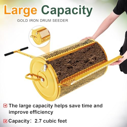 Hiboom 24 Inch Compost Spreader, Peat Moss Spreader, Manure Roller with Adjustable T Shaped Handle, ​Lightweight Metal Mesh for Lawn Garden Spreading Manure Topsoil (Gold)