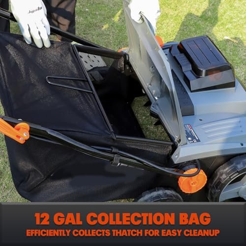 Cordless 15IN 2-in-1 Scarifier & Dethatcher Compatible with Dewalt 20v Battery (Tool Only), 12 Gal Collection Bag, Air Boost Technology, Quick Fold & 3 Adjustable Position, Walk-Behind for Lawn Care
