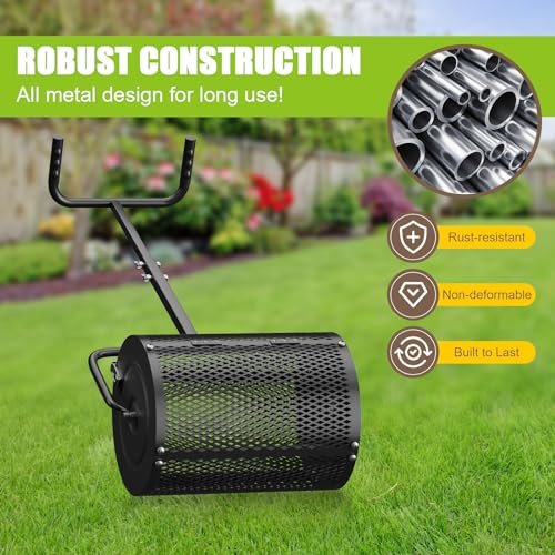 PoPoHoser Compost Spreader, Peat Moss Spreader with Adjustable U-Shaped Handle, 16 inch Heavy Duty Metal Fertilizer Spreader Roller for Lawn Top Soil, Top Dressing, Seedling, Mulch, Manure