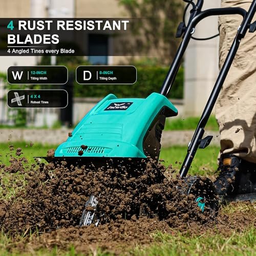 IncwBo Electric Rototiller Garden Tiller 12 Inch Tilling Width 8-Inch Electric Tiller 10.5 Amp Tiller Cultivator for Garden Yard