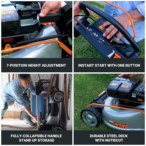 Worx Nitro 80V Cordless Lawn Mower, Electric Mower with Brushless Motor, 3-in-1 Self-Propelled Lawn Mower WG761-4 Batteries & Basecamp Charger Included