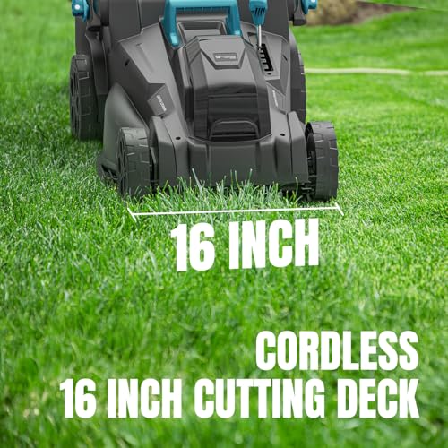 MightyMow Electric Lawn Mower Cordless, 2x20V 16 inch Push Lawn Mower with 6-Position Cutting Height Adjustment, 2x4.0Ah Battery & Dual Charger Included