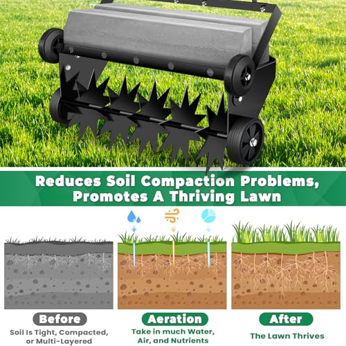 Loninak Updated 18-inch Rolling Lawn Aerator,Heavy Duty Aerator Lawn Soil Penetrator Spikes 47inch Handle,Garden Yard Manual Aerator Lawn Tool,Revives Lawn Health.Max Load 20lb