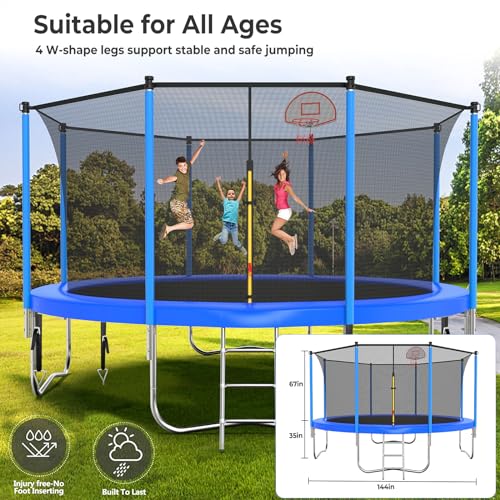 Lyromix Upgraded 12FT Trampoline for Kids and Adults, Large Outdoor Trampoline with Stakes, Light, Sprinkler, Basketball Hoop and Net, Capacity for 4-6 Kids and Adults