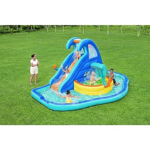 Bestway H2OGO! Wavetastic 16' Kids Inflatable Outdoor Water Park with Turtle Pool Ride-On Float, Water Sprinklers, Slide, and Wave Pool