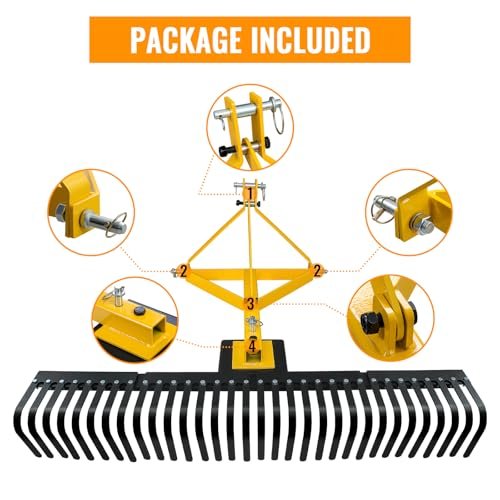 Migoda 60 Inch 3 Point Landscape Rake with Heavy Duty Tines and Pin Hitch Perfect for Category 1 Tractor, Lawn Tractor Rake Ideal for Lawn Care and Landscaping