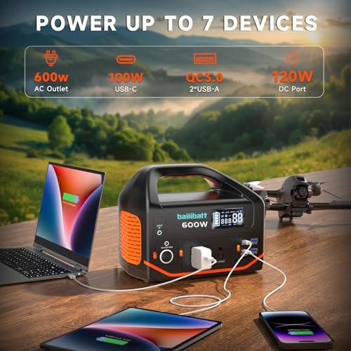 Bailibatt Portable Power Station 600W,293Wh Portable Generator for Home Use, Quiet Generator for Camping Travel Emergency CPAP Survival Backup Outdoor Apartment,100W PD & 110V Pure Sine Wave AC Outlet
