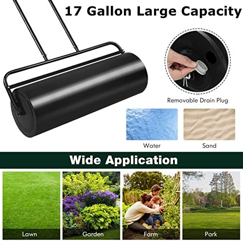 Goplus Lawn Roller, Push/Pull/Tow Behind Water/Sand Filled Steel Sod Drum Roller with U-Shaped Handle, Yard Roller for Garden Backyard Grass, 17 Gallon/63 L, 36