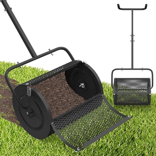 Compost Spreader, 18 Inch Roller Peat Moss Lawn Spreader with U Shaped Handle,Heavy Duty Top Soil Fertilizer Spreading Tool for Planting Seeding Lawn Garden Care, Light Weight Metal Mesh Manure Roller