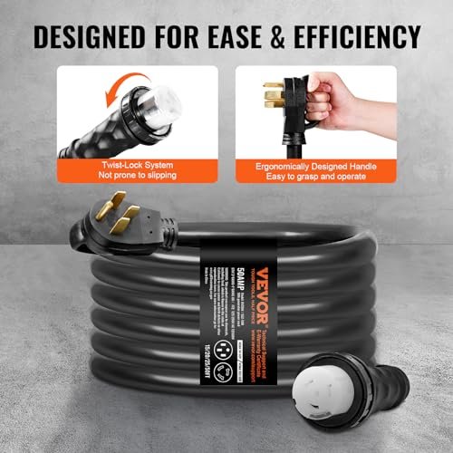 VEVOR 50 Amp Generator Cord and Power Inlet Box Kit, 15FT Generator Extension Cord NEMA 14-50P/SS2-50R STW 6/3+8/1 AWG with Twist Lock Connector, Pre-Drilled Inlet Box, ETL Listed