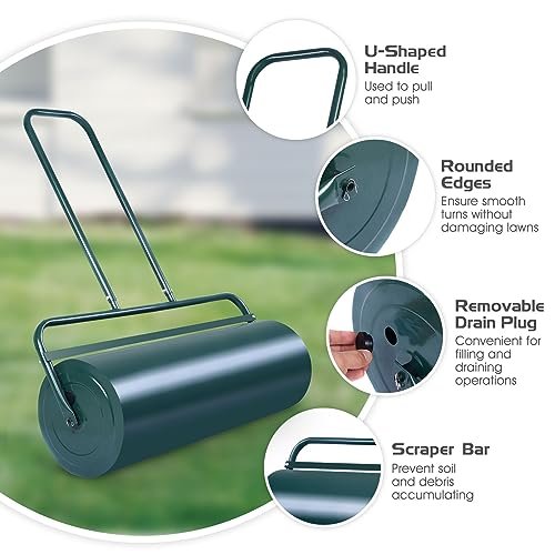 IRONMAX Lawn Roller, 24’’ 13 Gallons Pull & Push Steel Yard Roller w/Removable Drain Plug, Lawn Sod Rollers Tow Behind Water/Sand Filled for Garden, Park, Grass, Ball Field