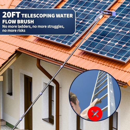 20FT Water Fed Solar Panel Cleaning Kit, Telescopic Solar Panel Cleaning Brush with Extension Pole & Soap Dispenser for Household & Outdoor