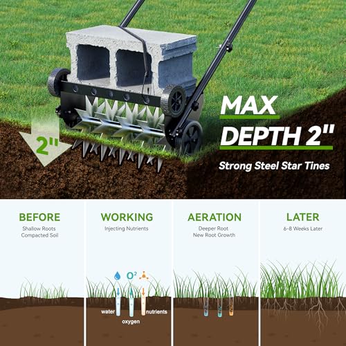 18-Inch Lawn Aerator,Heavy Duty Push Spike Aerator with 4 Wheels,Aerator Lawn Tool with Steel Handle, Manual Aerator Lawn Tool with Foam Armrests, Suitable for Lawn, Garden and Yard