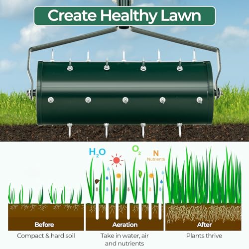 CHEFJOY Rolling Lawn Aerator, 18” Manual Aerator Tool, Fillable with Sand/Rocks, Heavy-Duty Push Grass Aerator with Handle, Soil Penetration Spikes, Lawn Care Tool for Yard, Garden (Green)