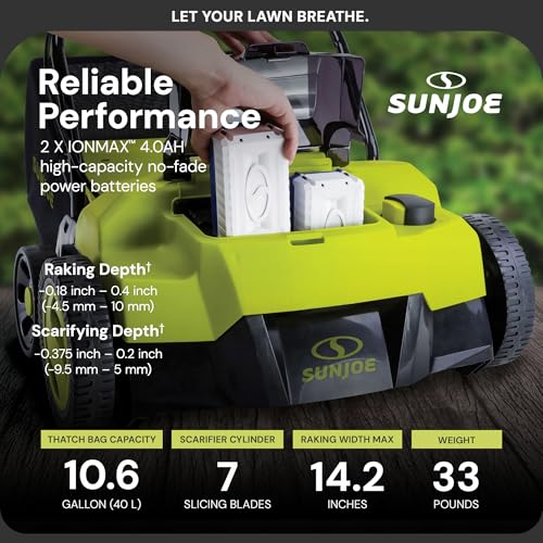 Sun Joe 24V-X2-DTS15 Scarifier and Dethatcher Kit, 5-Depth Positions, 15-inch, Brushless Motor, w/ 2 x 24-V 4.0-Ah Batteries and Dual Port Charger
