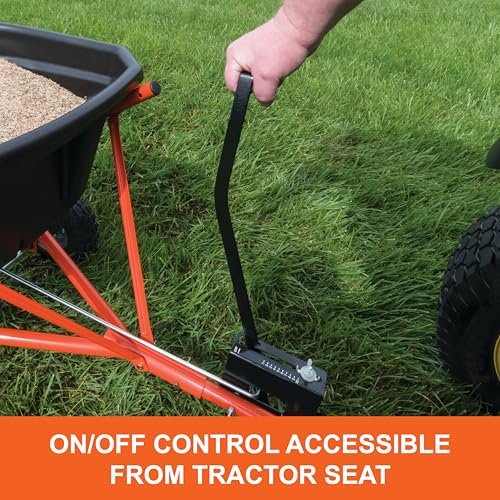 Agri-Fab 45-0527 110 lb. Tow- Behind Lawn & Garden Broadcast Spreader for Seed,Fertilizer,Salt,Ice Melt; Easy to use Flow Control from Seat of Riding Lawn Mower