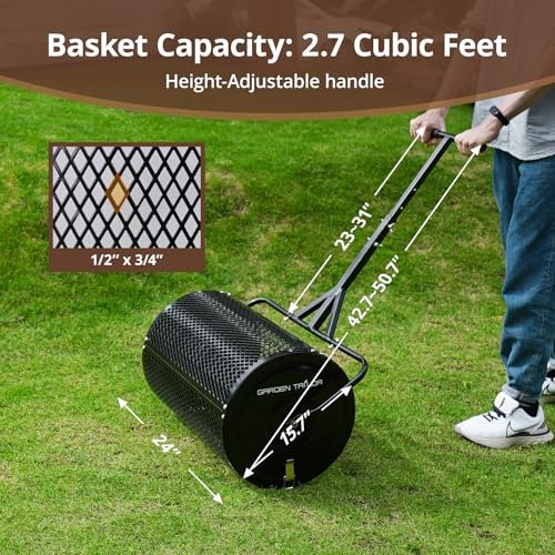 Compost Spreader 24 Inch Peat Moss Spreader with Installation Support Accessories, Metal Mesh Roller Lawn Spreader for Top Soil, Manure, Mulch, Top Dressing - Garden spreaders for lawns