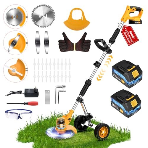 Electric Weed Wacker Cordless Weed Eater Battery Powered 21V, 4-in-1 Brush Cutter/String Trimmer/Grass Trimmer/Lawn Mower, 6 inch Lightweight Edger Stringless Weed Trimmer with Wheel & Blade,2 Battery