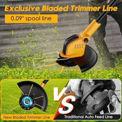 20000 RPM Electric Stringless Weed Wacker, Cordless Weed Eater Battery Powered 6000mAh, 4-in-1 Brush Cutter Heavy Duty/Weed Trimmer/Lawn Mower Edger W/Wheel Metal Blade, 2 Battery Garden Yard Tool