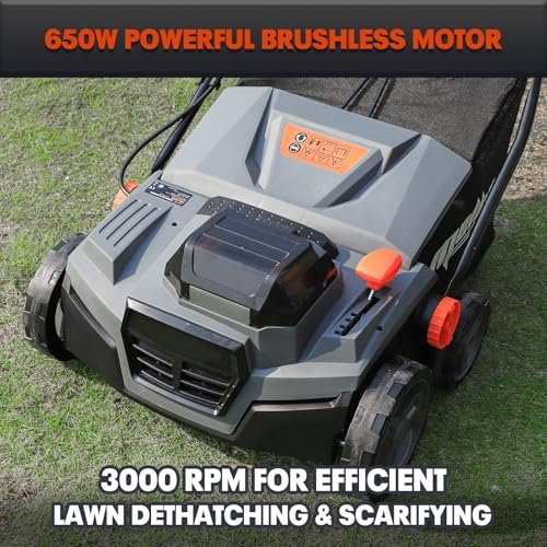 Cordless 15IN 2-in-1 Scarifier & Dethatcher Compatible with Dewalt 20v Battery (Tool Only), 12 Gal Collection Bag, Air Boost Technology, Quick Fold & 3 Adjustable Position, Walk-Behind for Lawn Care