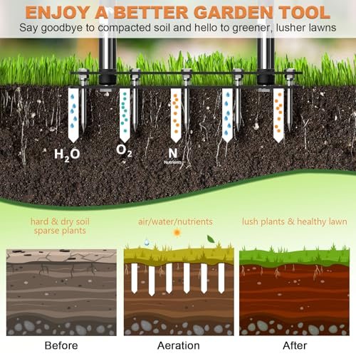 GAINO Lawn Aerator & Aerator Lawn Tool - Manual Yard Aerator for Lawn with 15 Spikes, Automatic Dirt and Leaf Clean Design, Adjustable T-Handle, Pre-Assembled Lawn Aerator Tools (Black + Orange)