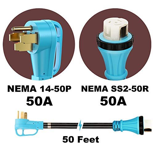 CircleCord UL Listed 50 Amp 50 Feet RV/Generator Cord with Locking Connector, Heavy Duty 6/3+8/1 Gauge STW Wire, 14-50P Male and SS2-50R Twist Locking Female for RV Camper and Generator to House