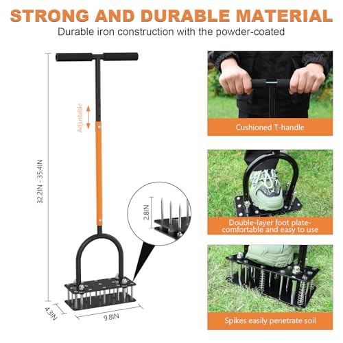 GAINO Lawn Aerator & Aerator Lawn Tool - Manual Yard Aerator for Lawn with 15 Spikes, Automatic Dirt and Leaf Clean Design, Adjustable T-Handle, Pre-Assembled Lawn Aerator Tools (Black + Orange)