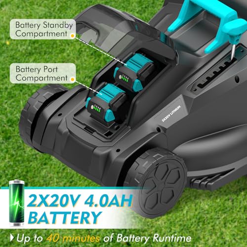 16 inch Electric Lawn Mower, 2x20V Cordless Mower, 6-Position Cutting Height Adjustment with 2x4.0Ah Batteries & Dual Charger