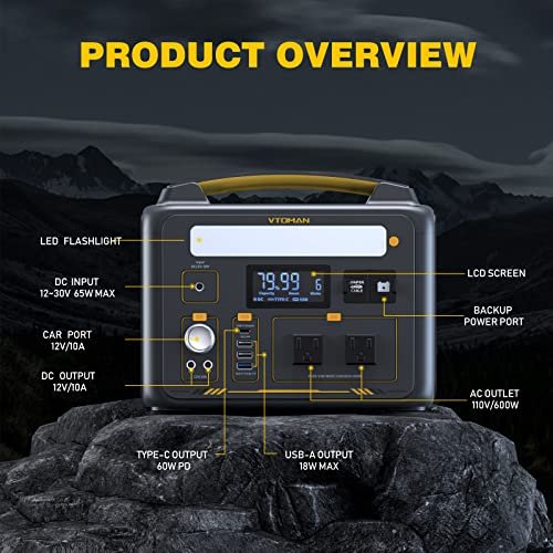 VTOMAN Jump 600X Portable Power Station, LFP Battery Powered Generator with 2x 600W AC Outlets (Surge 1200W), 4x USB ports, 3x DC Output for Outdoor Camping, Vehicle Emergency, Electric Backup