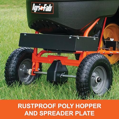 Agri-Fab 45-0527 110 lb. Tow- Behind Lawn & Garden Broadcast Spreader for Seed,Fertilizer,Salt,Ice Melt; Easy to use Flow Control from Seat of Riding Lawn Mower