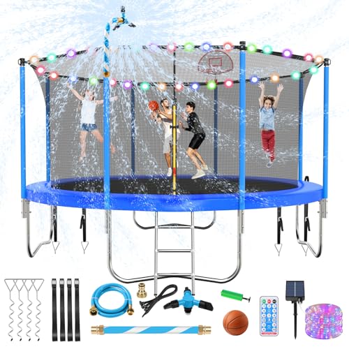 Lyromix Upgraded 12FT Trampoline for Kids and Adults, Large Outdoor Trampoline with Stakes, Light, Sprinkler, Basketball Hoop and Net, Capacity for 4-6 Kids and Adults