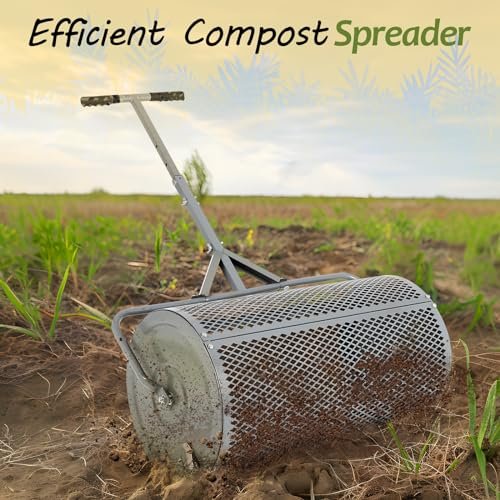 FAHKNS Compost Spreader for Lawn and Garden, 27 inch Metal Roller Spreader with Adjustable Handle, Heavy-Duty Fertilizer Spreader for Yard Work, Gray