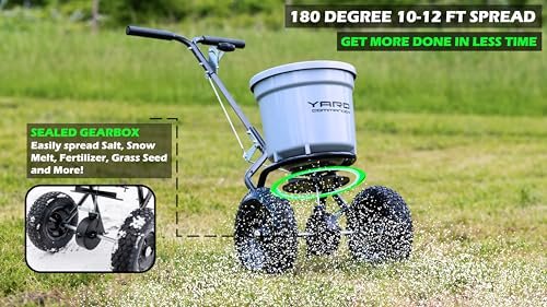 Yard Commander - Commercial 50 LB Walk-Behind Push Broadcast Spreader - 10-12 Foot Spread - Fertilizer, Salt & Grass Seed - Clog Free Design - Fully Enclosed Gear Box - Adjustable Drop Rate