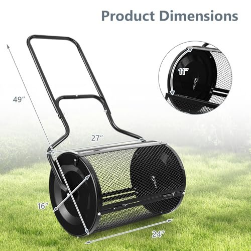 Goplus 24 inch Compost Spreader for Lawn, Lightweight Metal Mesh Lawn Roller Double Side Latches for Topdressing & Seedling, Fertilizer Topsoil Peat Moss Spreader Roller, Garden Yard Care (Black)