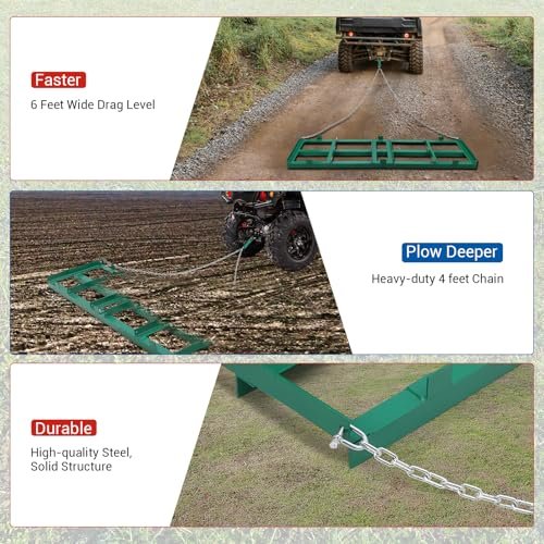 CuisinAid 48”Lawn Leveling Rake & Driveway Drag Harrow - Heavy-Duty Tow-Behind Tool with 4FT Reinforced Chain - for ATV, UTV, Tractor, Mower - Gravel, Soil, Yard & Landscape Grading