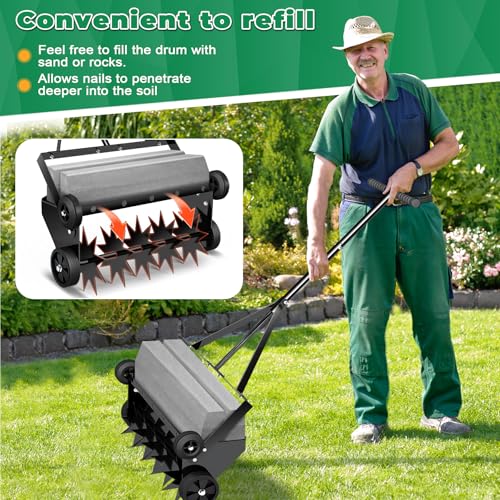 Loninak Updated 18-inch Rolling Lawn Aerator,Heavy Duty Aerator Lawn Soil Penetrator Spikes 47inch Handle,Garden Yard Manual Aerator Lawn Tool,Revives Lawn Health.Max Load 20lb