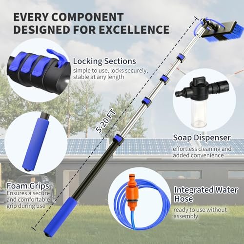 20FT Water Fed Solar Panel Cleaning Kit, Telescopic Solar Panel Cleaning Brush with Extension Pole & Soap Dispenser for Household & Outdoor